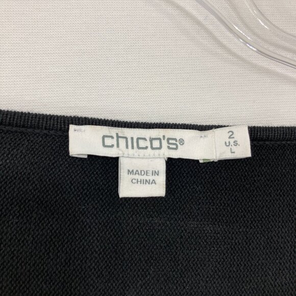 Chico's Large Black White Contrast Floral Embroidered Soft Light Knit Sweater - Picture 2 of 9